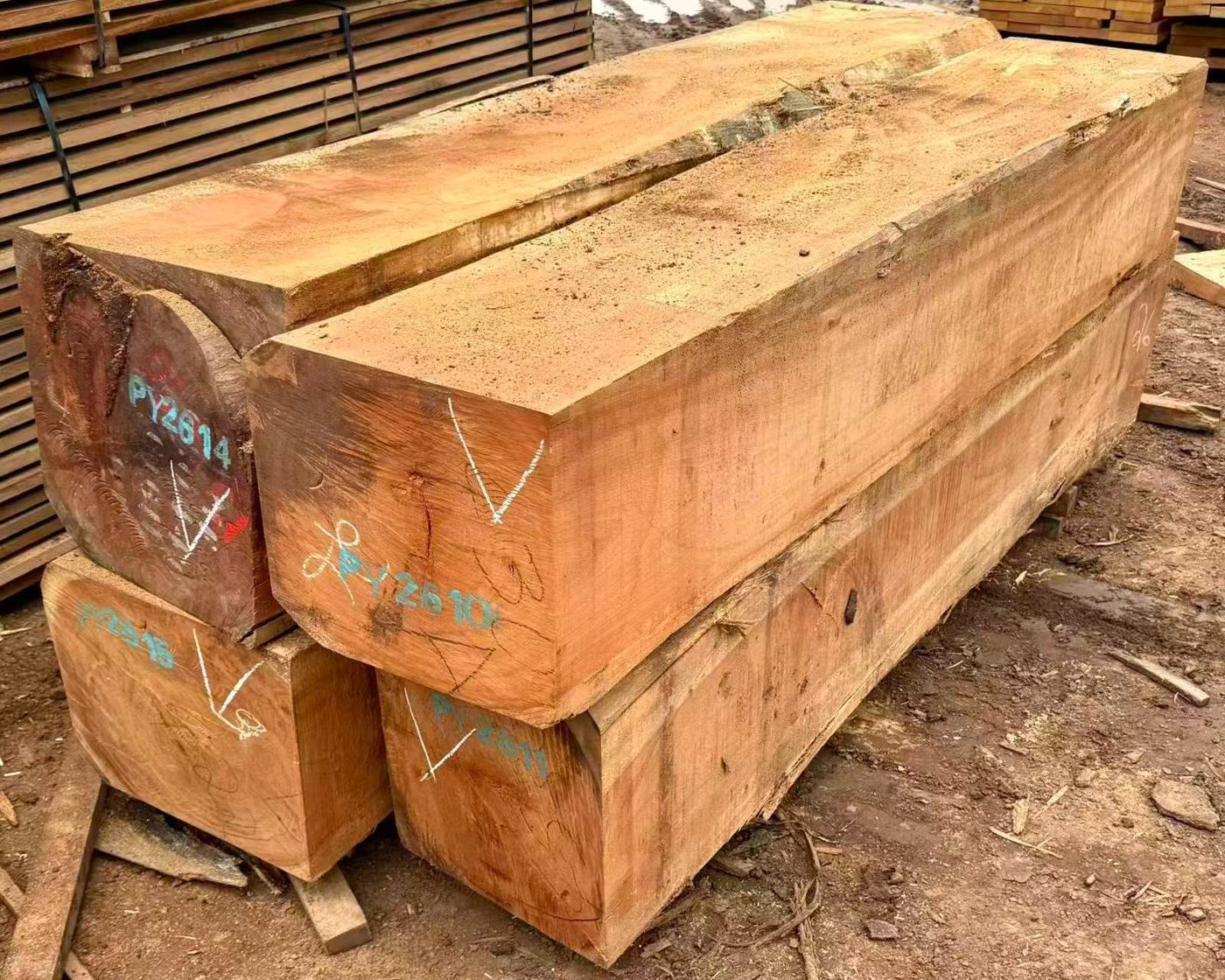 Doussie squared timber marked and ready for export inspection