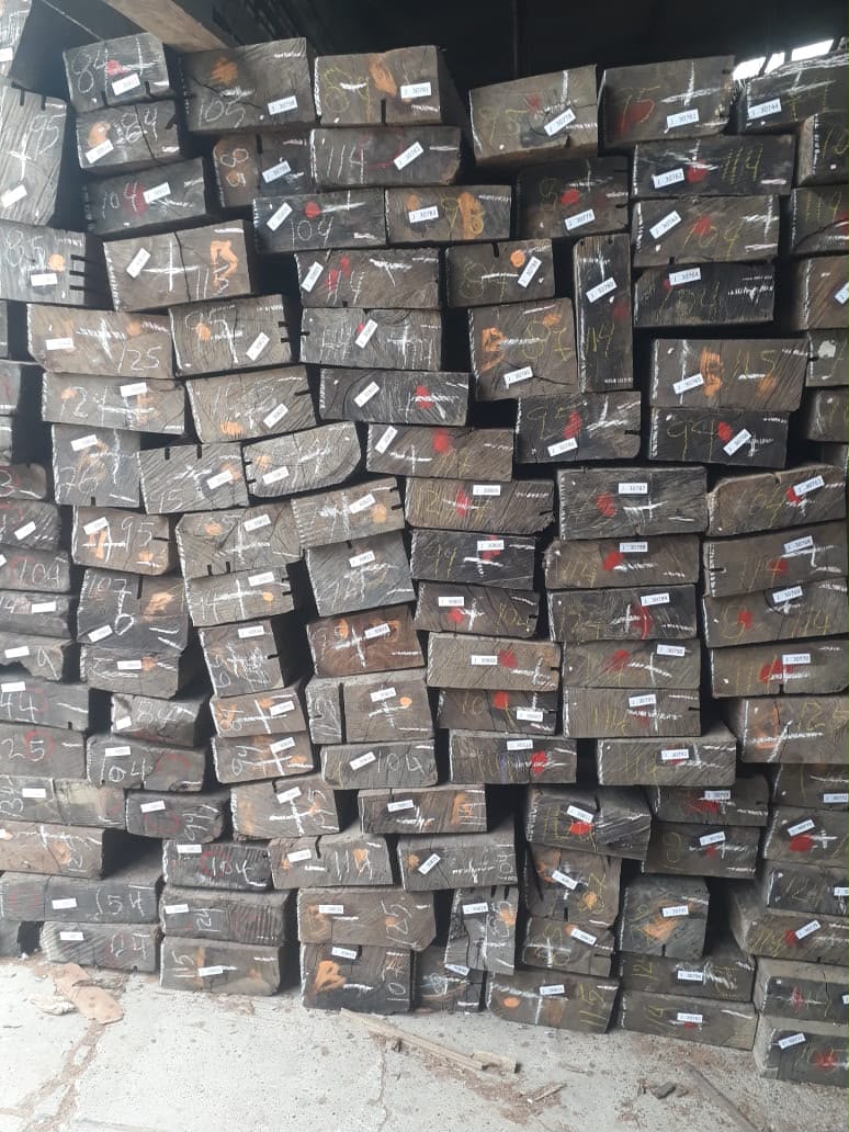 Stacked Cumaru squared timber blocks, tagged and ready for export from Colombia